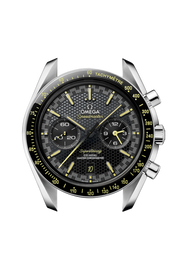 Profilo laterale della cassa in acciaio da 44,25 mm con vetro zaffiro bombato, corona a vite e lunetta fissa in ceramica nera con scala tachimetrica gialla.